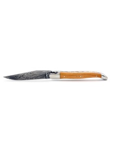 Laguiole pliant, 12 cm, acier Damas, abeille forgée, mitres inox brillant, manche bois d'olivier 2