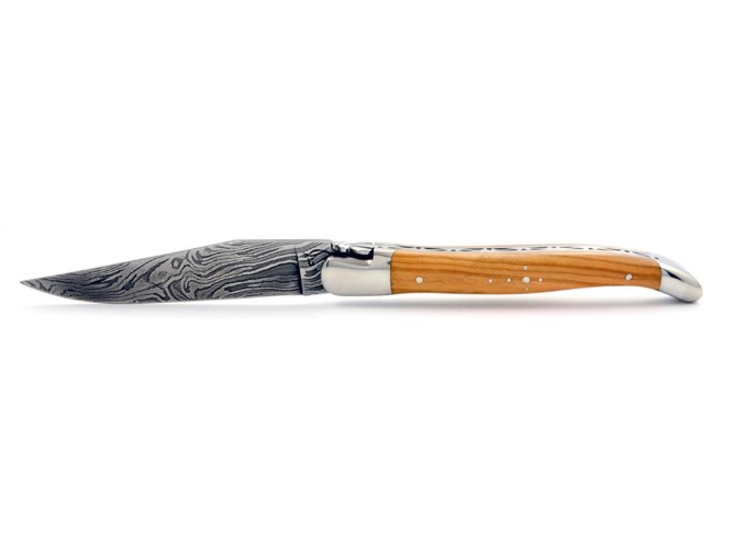 Laguiole pliant, 12 cm, acier Damas, abeille forgée, mitres inox brillant, manche bois d'olivier