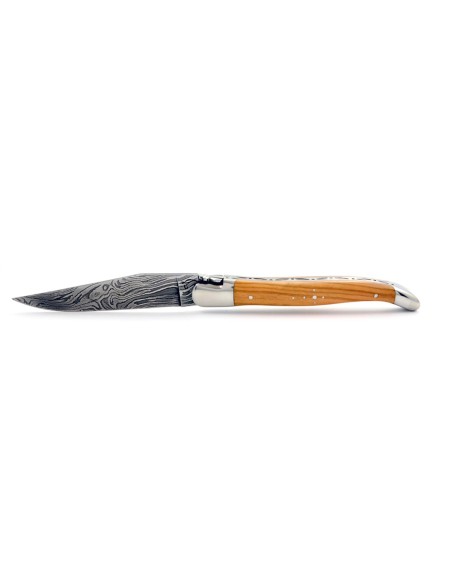 Laguiole pliant, 12 cm, acier Damas, abeille forgée, mitres inox brillant, manche bois d'olivier