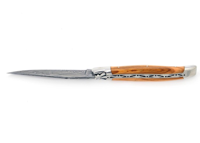Laguiole pliant, 12 cm, acier Damas, abeille forgée, mitres inox brillant, manche bois d'olivier