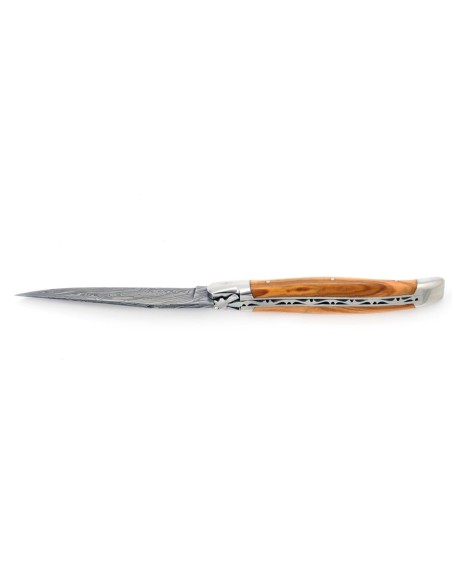 Laguiole pliant, 12 cm, acier Damas, abeille forgée, mitres inox brillant, manche bois d'olivier
