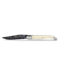 Laguiole pliant, 12 cm, acier Damas, abeille forgée, mitres inox brillant, manche en os (bovin) 2