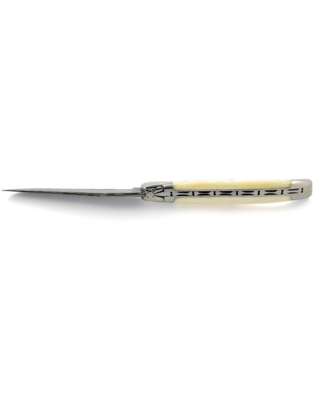 Laguiole pliant, 12 cm, acier Damas, abeille forgée, mitres inox brillant, manche en os (bovin)