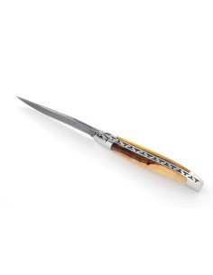 Laguiole pliant, 12 cm, acier Damas, abeille forgée, mitres inox brillant, manche bois de pistachier