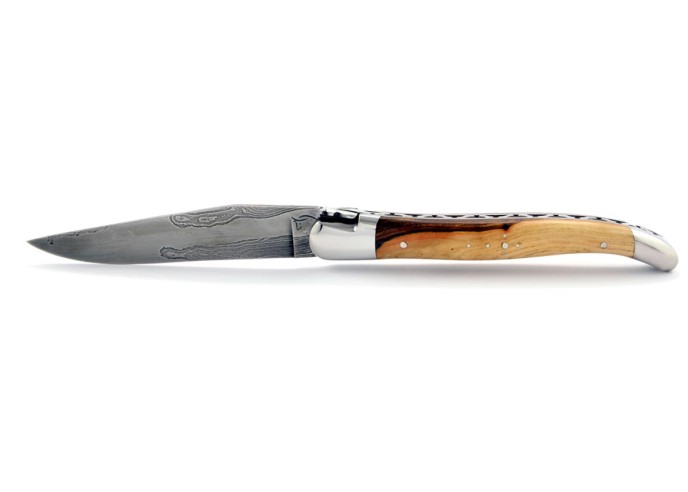 Laguiole pliant, 12 cm, acier Damas, abeille forgée, mitres inox brillant, manche bois de pistachier