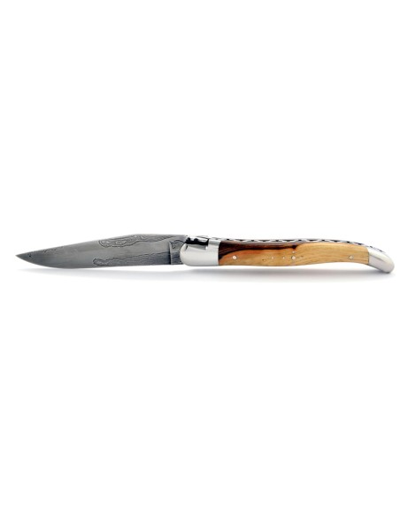 Laguiole pliant, 12 cm, acier Damas, abeille forgée, mitres inox brillant, manche bois de pistachier