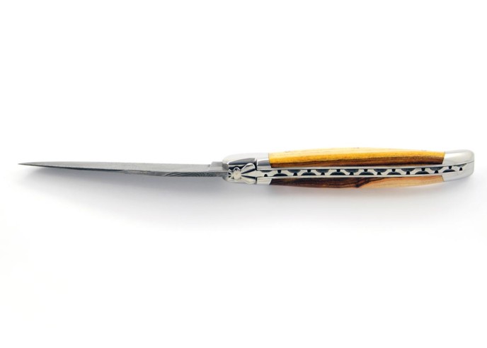 Laguiole pliant, 12 cm, acier Damas, abeille forgée, mitres inox brillant, manche bois de pistachier