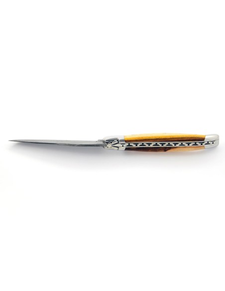 Laguiole pliant, 12 cm, acier Damas, abeille forgée, mitres inox brillant, manche bois de pistachier