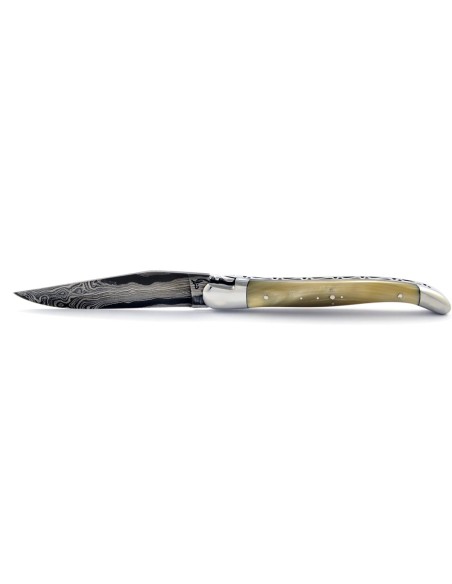Laguiole pliant, 12 cm, acier Damas, abeille forgée, mitres inox brillant, manche en pointe de corne