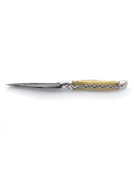 Laguiole pliant, 12 cm, acier Damas, abeille forgée, mitres inox brillant, manche en pointe de corne