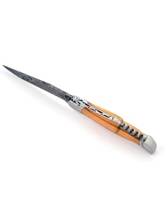 Laguiole pliant, 12 cm, abeille forgée, lame & tire-bouchon, acier Damas, mitres inox mat, manche olivier