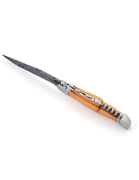Laguiole pliant, 12 cm, abeille forgée, lame & tire-bouchon, acier Damas, mitres inox mat, manche olivier