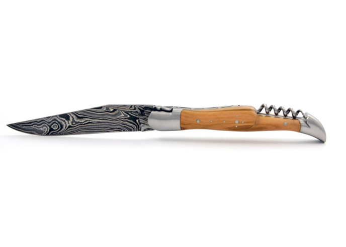 Laguiole pliant, 12 cm, abeille forgée, lame & tire-bouchon, acier Damas, mitres inox mat, manche olivier