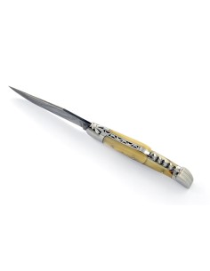 Laguiole pliant, 12 cm, acier Damas, lame & tire-bouchon, abeille forgée, mitres inox mat, manche pointe de corne (claire)