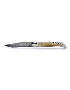 Laguiole pliant, 12 cm, acier Damas, lame & tire-bouchon, abeille forgée, mitres inox mat, manche pointe de corne (claire) 2