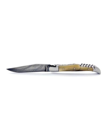 Laguiole pliant, 12 cm, acier Damas, lame & tire-bouchon, abeille forgée, mitres inox mat, manche pointe de corne (claire)