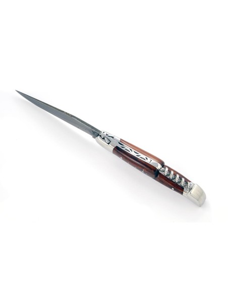 Laguiole pliant, 12 cm, acier Damas, lame & tire-bouchon, abeille forgée, mitres inox brillant, manche bois d'amourette