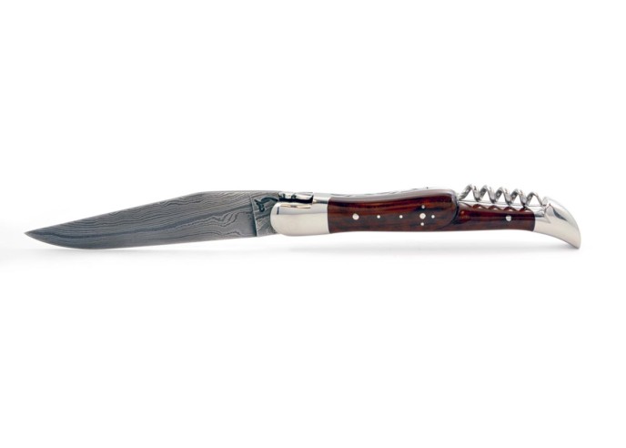 Laguiole pliant, 12 cm, acier Damas, lame & tire-bouchon, abeille forgée, mitres inox brillant, manche bois d'amourette