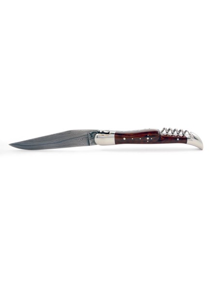 Laguiole pliant, 12 cm, acier Damas, lame & tire-bouchon, abeille forgée, mitres inox brillant, manche bois d'amourette