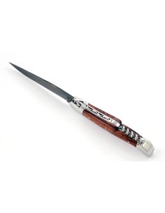 Laguiole pliant, 12 cm, acier Damas, lame & tire-bouchon, abeille forgée, mitres inox brillant, manche bois de violette