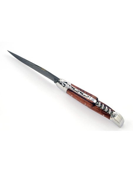 Laguiole pliant, 12 cm, acier Damas, lame & tire-bouchon, abeille forgée, mitres inox brillant, manche bois de violette