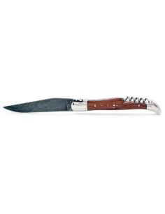 Laguiole pliant, 12 cm, acier Damas, lame & tire-bouchon, abeille forgée, mitres inox brillant, manche bois de violette 2