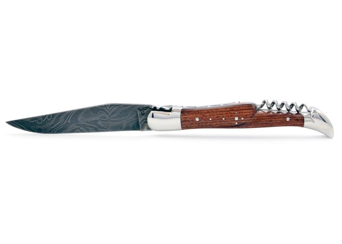 Laguiole pliant, 12 cm, acier Damas, lame & tire-bouchon, abeille forgée, mitres inox brillant, manche bois de violette