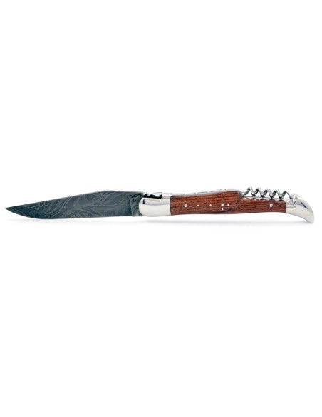 Laguiole pliant, 12 cm, acier Damas, lame & tire-bouchon, abeille forgée, mitres inox brillant, manche bois de violette
