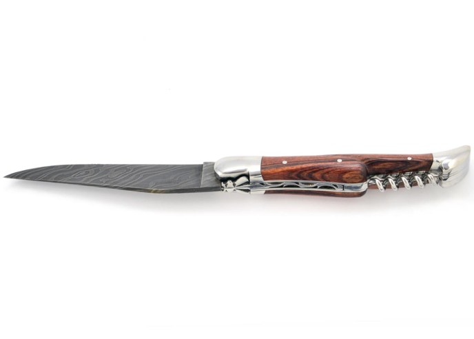 Laguiole pliant, 12 cm, acier Damas, lame & tire-bouchon, abeille forgée, mitres inox brillant, manche bois de violette