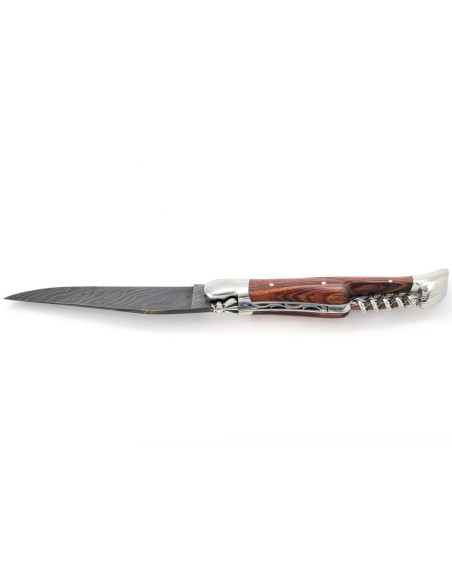 Laguiole pliant, 12 cm, acier Damas, lame & tire-bouchon, abeille forgée, mitres inox brillant, manche bois de violette