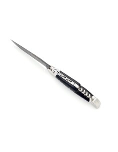 Laguiole pliant, 12 cm, acier Damas, lame & tire-bouchon, abeille forgée, mitres inox brillant, manche bois d'ébène