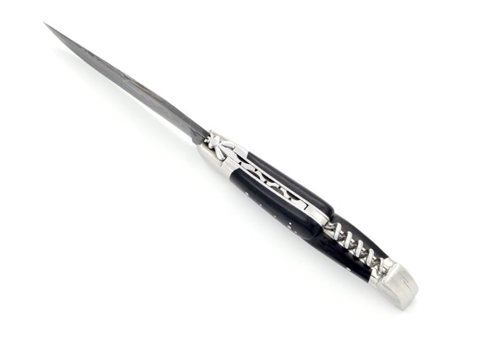 Laguiole pliant, 12 cm, acier Damas, lame & tire-bouchon, abeille forgée, mitres inox brillant, manche bois d'ébène