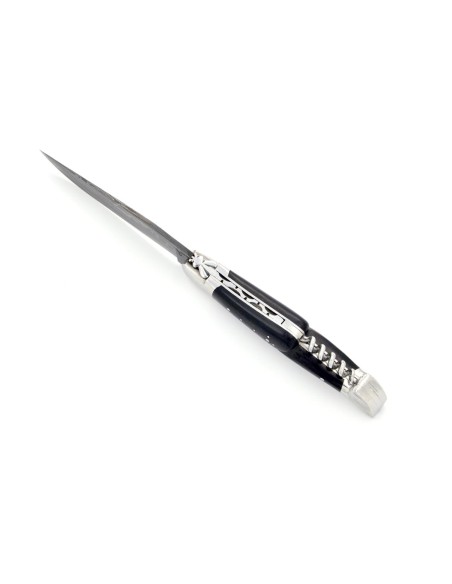 Laguiole pliant, 12 cm, acier Damas, lame & tire-bouchon, abeille forgée, mitres inox brillant, manche bois d'ébène