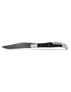 Laguiole pliant, 12 cm, acier Damas, lame & tire-bouchon, abeille forgée, mitres inox brillant, manche bois d'ébène 2