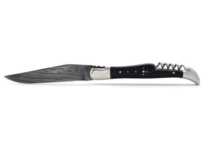 Laguiole pliant, 12 cm, acier Damas, lame & tire-bouchon, abeille forgée, mitres inox brillant, manche bois d'ébène