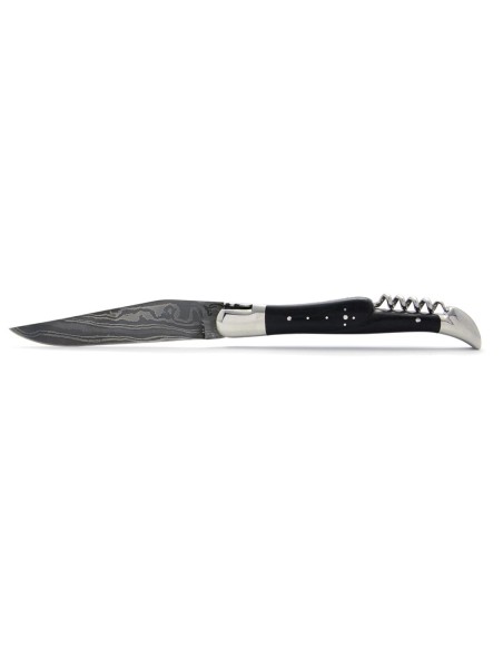 Laguiole pliant, 12 cm, acier Damas, lame & tire-bouchon, abeille forgée, mitres inox brillant, manche bois d'ébène