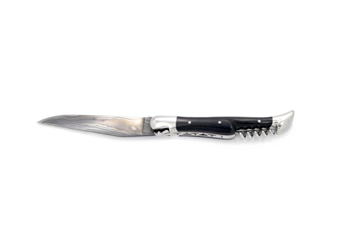 Laguiole pliant, 12 cm, acier Damas, lame & tire-bouchon, abeille forgée, mitres inox brillant, manche bois d'ébène