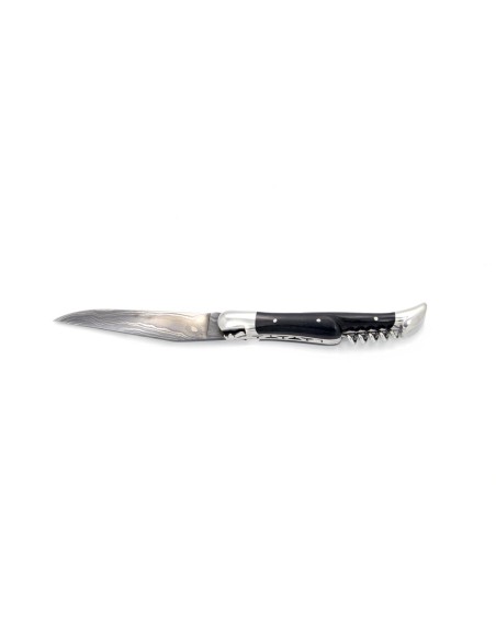 Laguiole pliant, 12 cm, acier Damas, lame & tire-bouchon, abeille forgée, mitres inox brillant, manche bois d'ébène