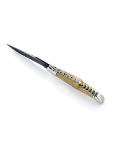 Laguiole pliant 12 cm, acier Damas, lame & tire-bouchon, abeille forgée, mitres inox brillant, manche pointe de corne (claire)