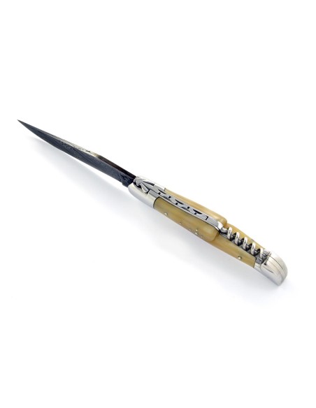 Laguiole pliant 12 cm, acier Damas, lame & tire-bouchon, abeille forgée, mitres inox brillant, manche pointe de corne (claire)