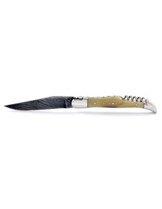 Laguiole pliant 12 cm, acier Damas, lame & tire-bouchon, abeille forgée, mitres inox brillant, manche pointe de corne (claire) 2