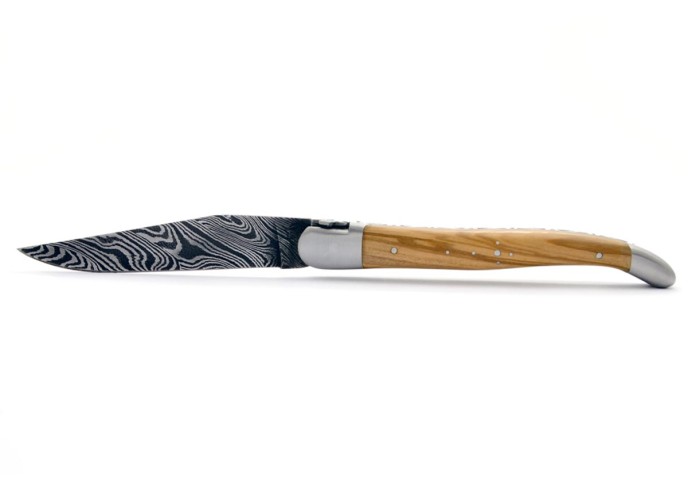 Laguiole pliant 12 cm, lame seule acier Damas, abeille forgée franc-maçon, mitres inox mat, manche olivier