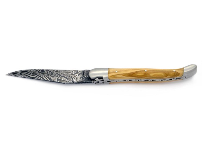 Laguiole pliant 12 cm, lame seule acier Damas, abeille forgée franc-maçon, mitres inox mat, manche olivier