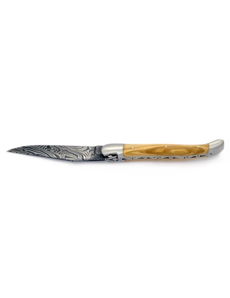 Laguiole pliant 12 cm, lame seule acier Damas, abeille forgée franc-maçon, mitres inox mat, manche olivier