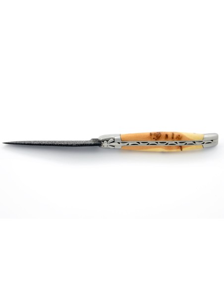 Laguiole pliant 12 cm avec lame brut de forge, mitres inox mat, manche en genévrier-cade