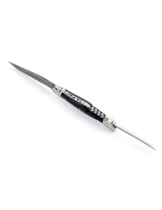 Laguiole pliant 12 cm, lame acier Damas & tire-bouchon & poinçon, mitres inox mat, manche pointe de corne