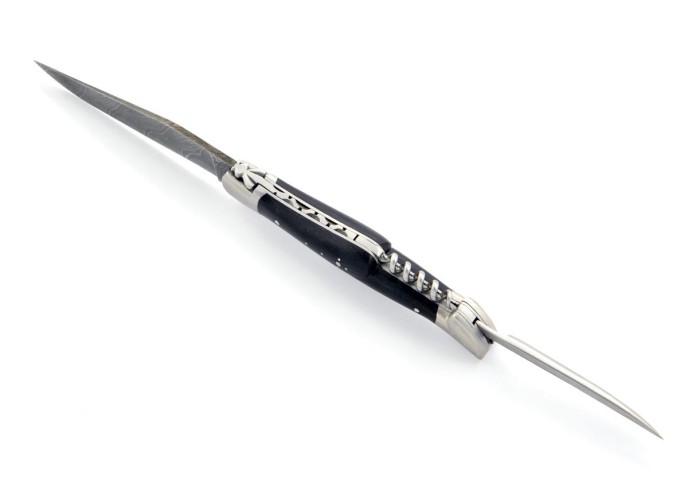 Laguiole pliant 12 cm, lame acier Damas & tire-bouchon & poinçon, mitres inox mat, manche pointe de corne