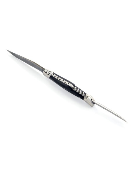 Laguiole pliant 12 cm, lame acier Damas & tire-bouchon & poinçon, mitres inox mat, manche pointe de corne