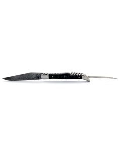 Laguiole pliant 12 cm, lame acier Damas & tire-bouchon & poinçon, mitres inox mat, manche pointe de corne 2