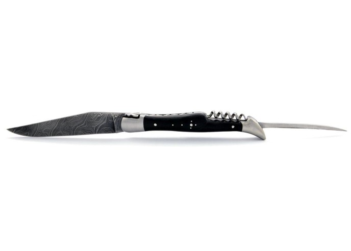 Laguiole pliant 12 cm, lame acier Damas & tire-bouchon & poinçon, mitres inox mat, manche pointe de corne